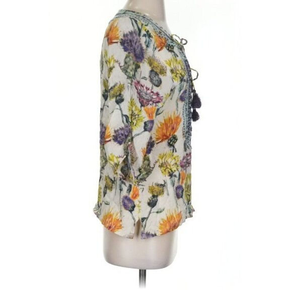 Tolani Floral Boho Tunic Top Womens Size Small Tassel Tie V Neck Sheer India - Picture 3 of 12